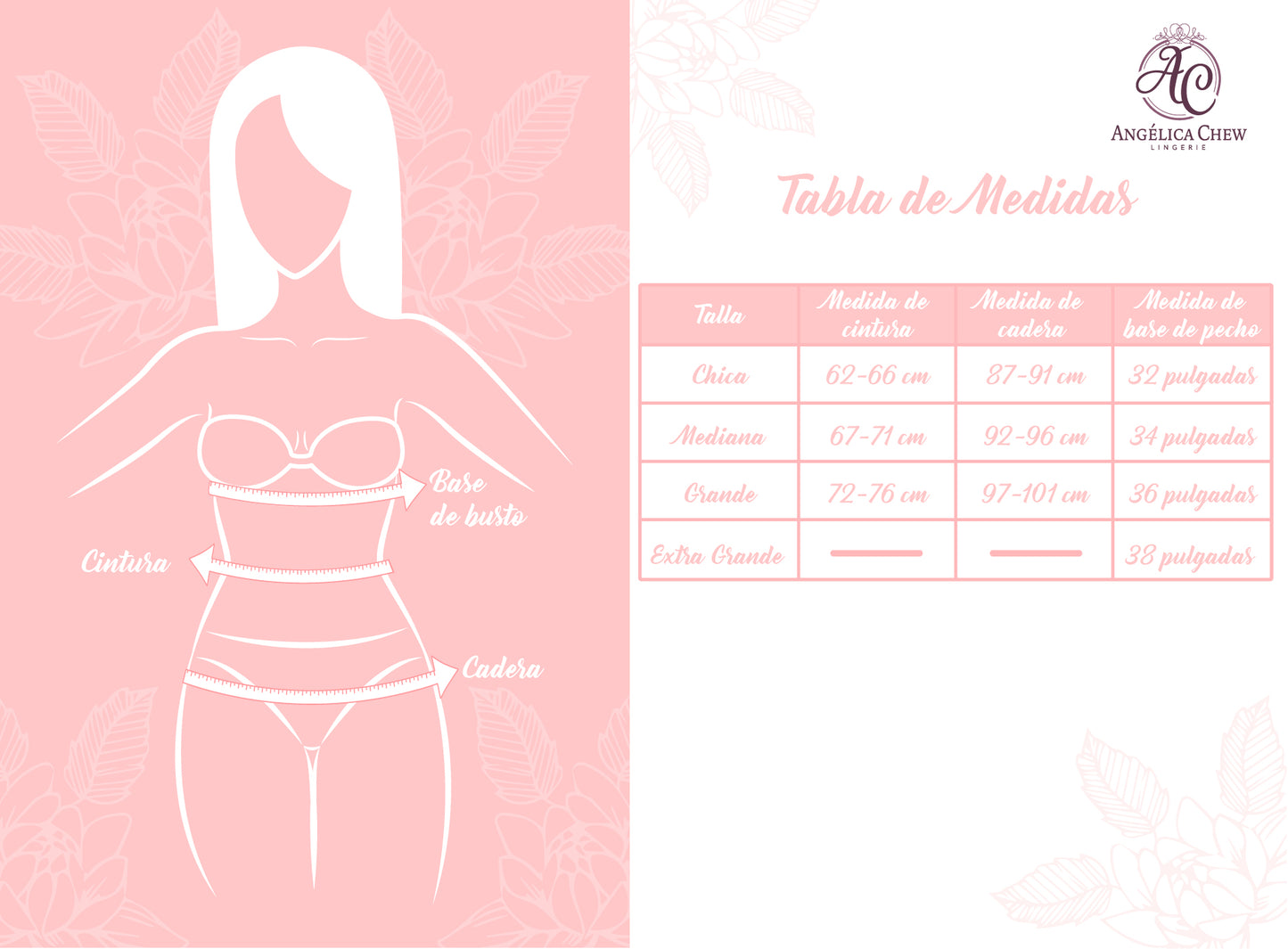 Tabla de medidas angelica chew, tabla de medidas de lenceria, tallas de lencería, medidas de lenceria