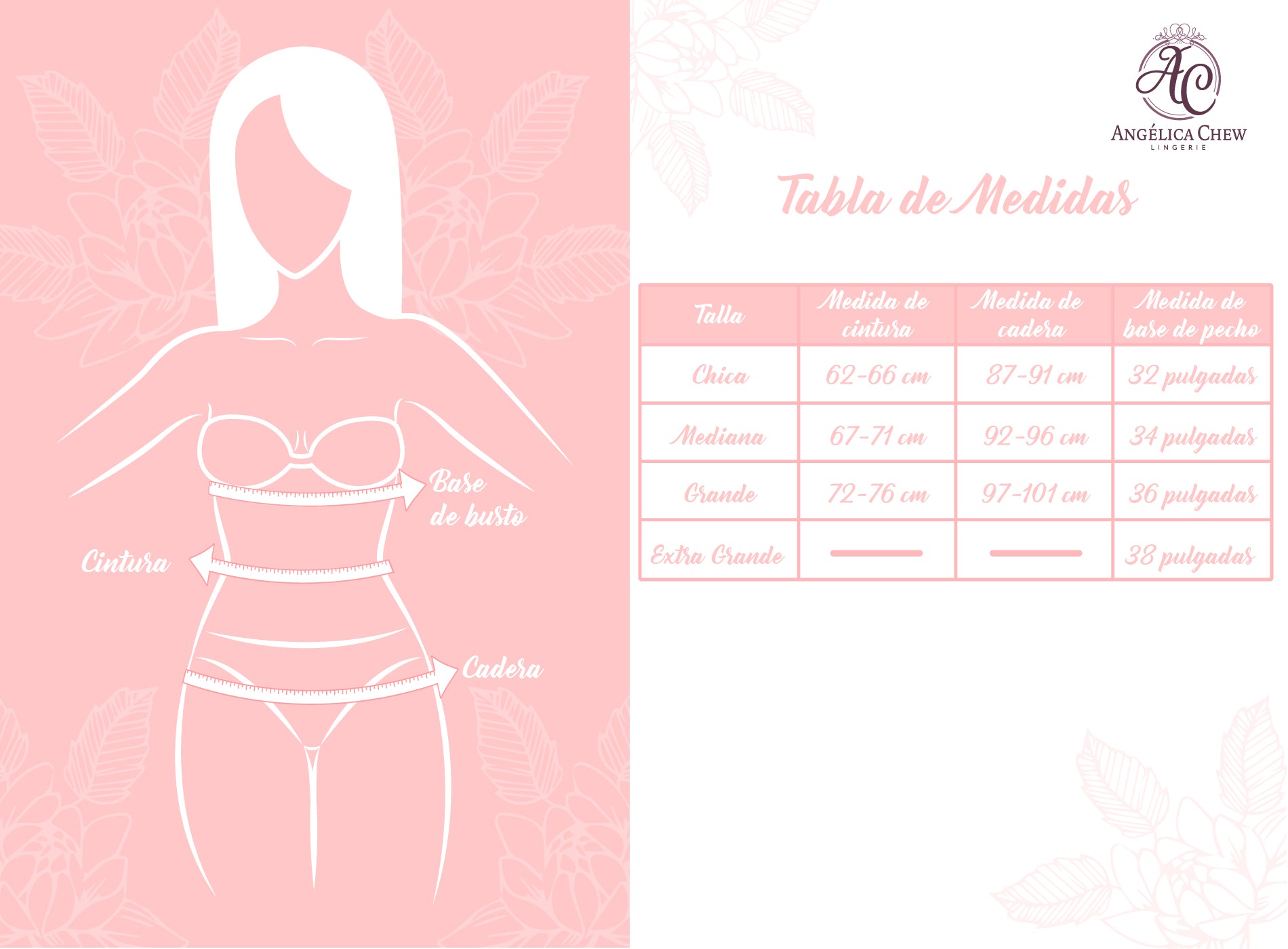 Tabla de medidas angelica chew, tabla de medidas de lenceria, tallas de lencería, medidas de lenceria